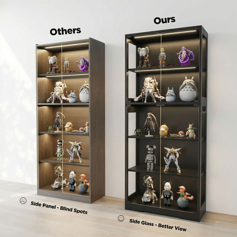 5 Tier Glass Display Cabinet, Curio Cabinet, Dining Cabinet, Bookcase With Adjustable LED Lights, Human Sensor, Black