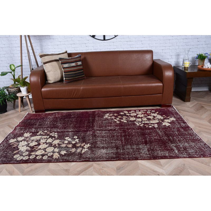 Tapis turc rétro Oushak de conception florale mauve en laine, idéal pour la chambre à coucher et l'ambiance douillette