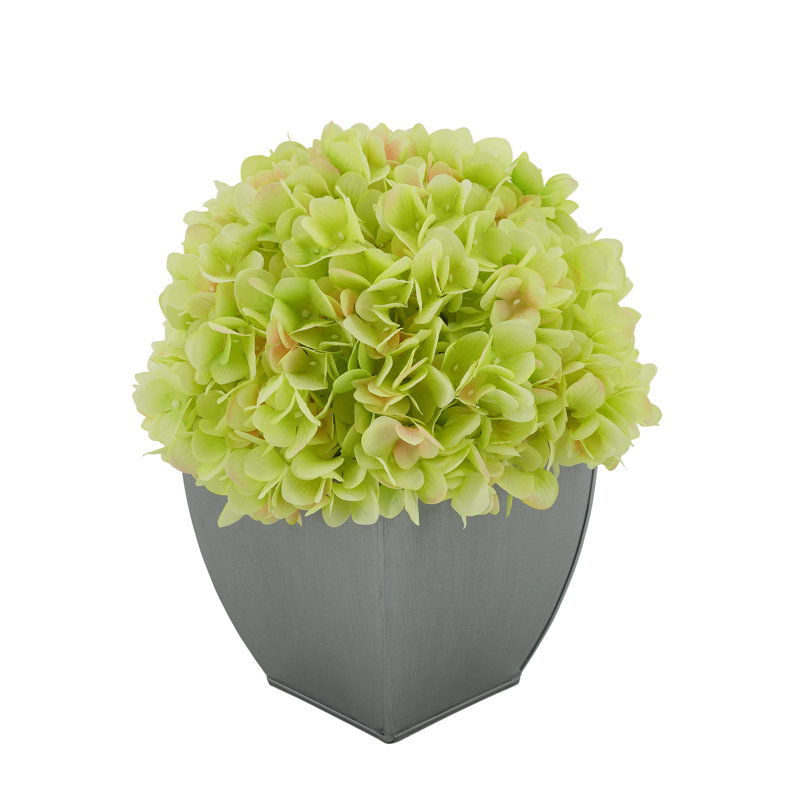Arrangement d'hortensias verts en tissu synthétique dans un pot à fleurs, Vert, Argent