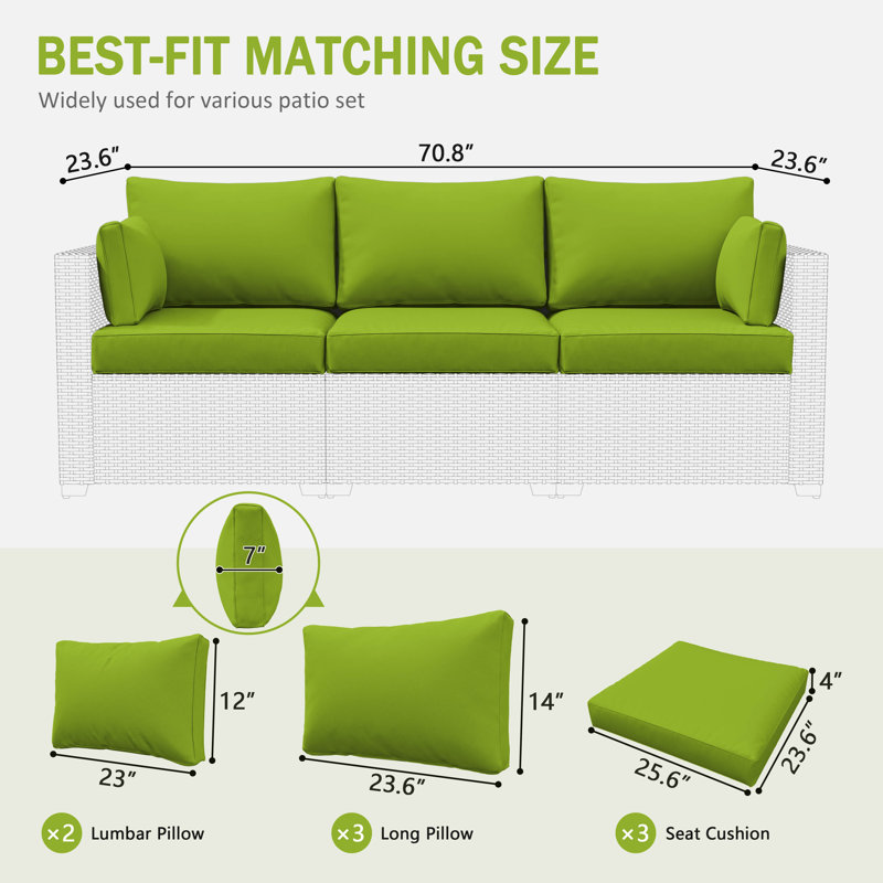 8-Piece Outdoor 4" Replacement Cushion Set Seat/Back Cushion(Set Of 3 Seats, 3 Backs, 2 Short Backs), Grass Green