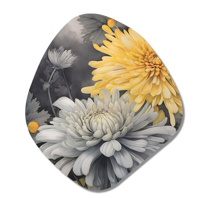 «Yellow Grey Mums Spender» - art mural asymétrique en forme de nébuleuse florale