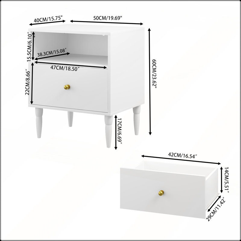 Table de chevet blanche moderne avec tiroir et tablette ouverte pour espaces compacts