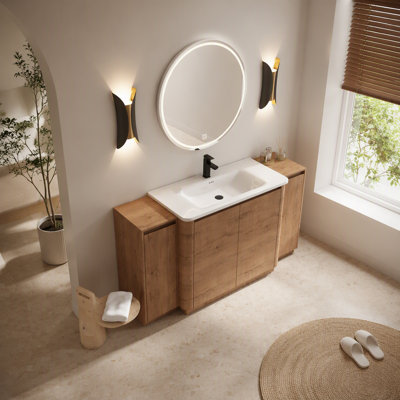 64'' Freestanding Bathroom Vanity with White Ceramic Sink, and 2-Small Storage Cabinet, Soft-Close Door, Imitative Oak, KD-Packing, Plywood