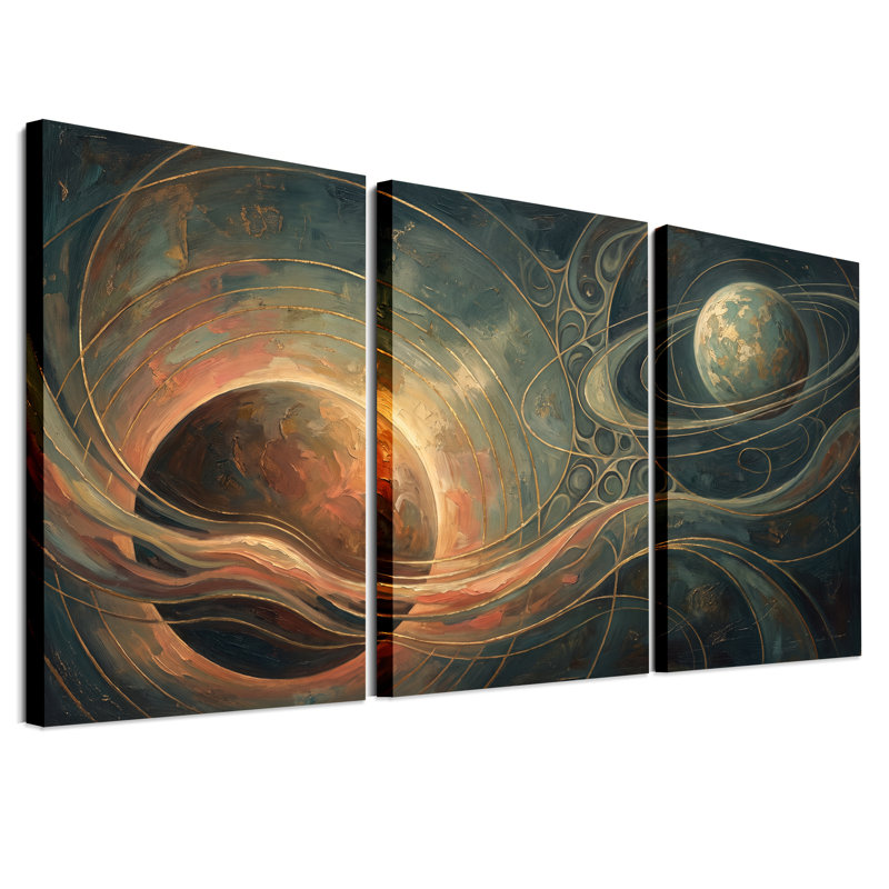 Ensemble de 3 toiles murales abstraites représentant des planètes bleues et oranges aux volutes dorées.