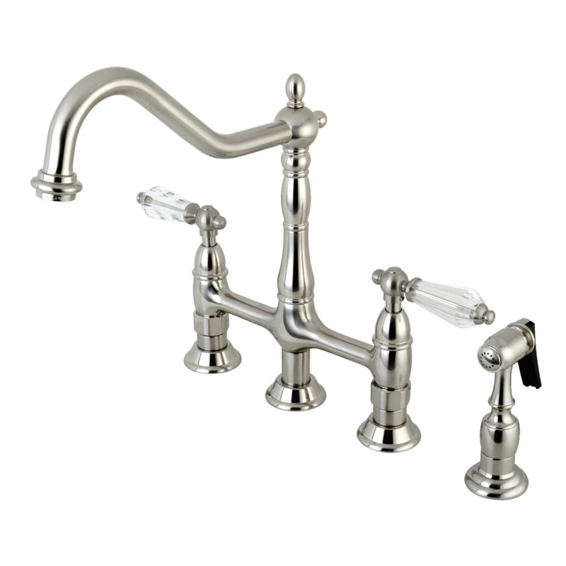 Kingston Brass Wilshire Two-Handle 4-Hole Deck Mount Bridge Kitchen Faucet with Side Sprayer, Brushed Nickel