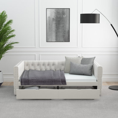 Daybed With Drawers Upholstered Tufted Sofa Bed, With Button On Back And Copper Nail On Waved Shape Arms, Velvet