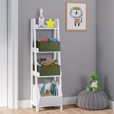RiverRidge Kids 4-Tier 13in Ladder Shelf Toy Organizer and Book Storage with 3 Open Display Shelves- White with Two 5" Fabric Bins