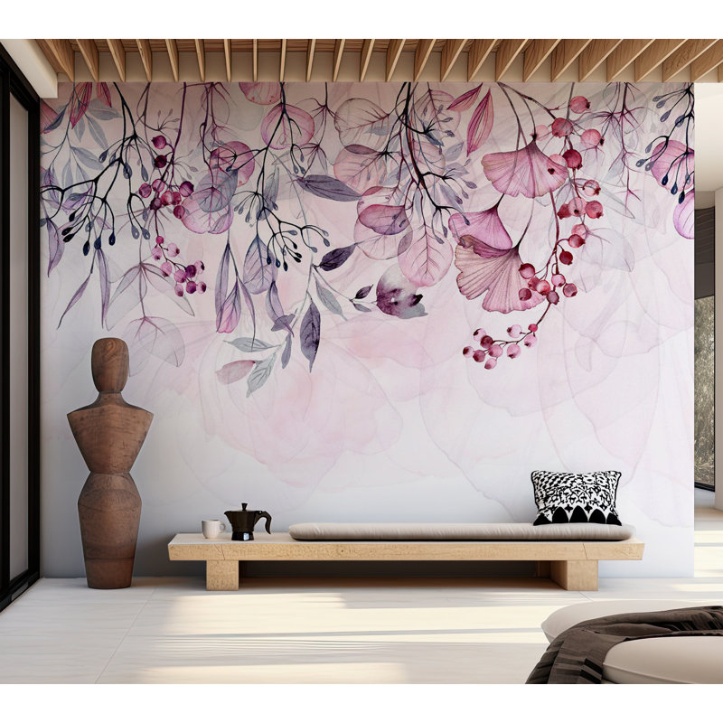 Papier peint botanique - rose brumeux, L 124 po x l 177 po