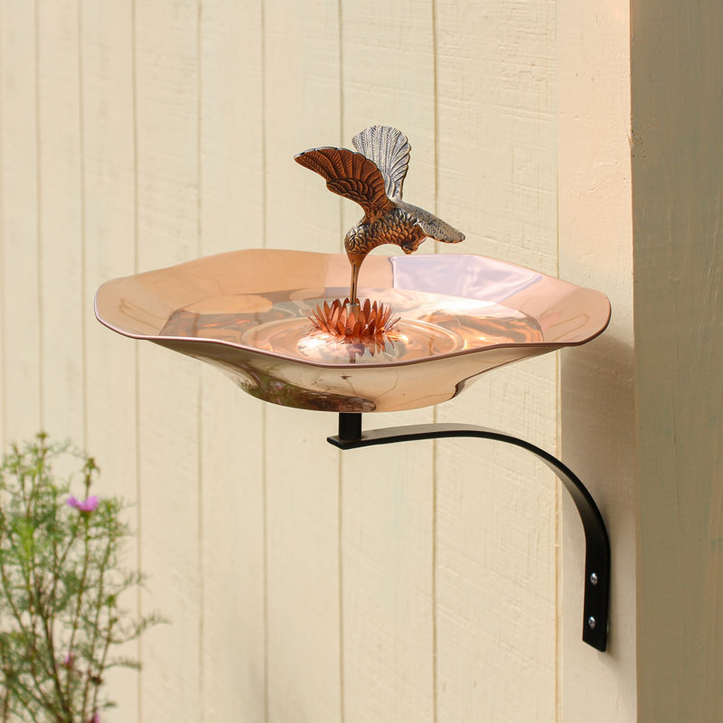 Copper Plated Hummingbird Birdbath with Wall Mount Bracket