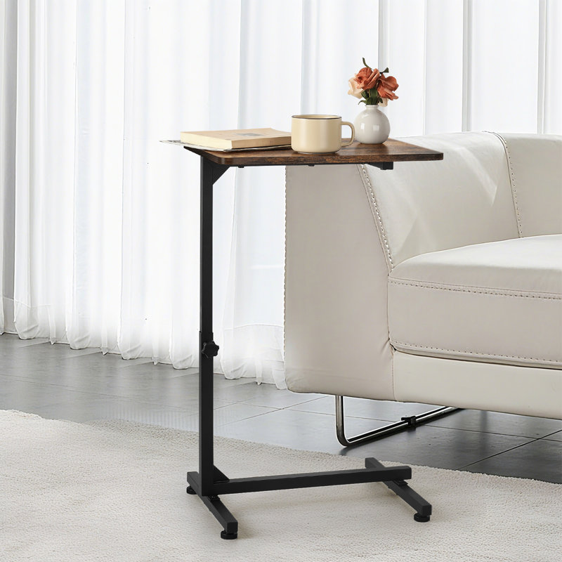 Adjustable Height C-Shaped Side Table, Rustic Brown Wood Top