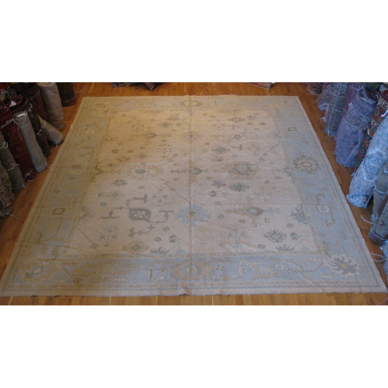 Tapis unique en laine noué à la main Oushak bleu clair / ivoire 11 pi 1 po x 12 pi 8 po