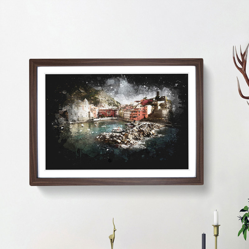 Boats in Vernazza Italy - Picture Frame Painting Print, 45cm H x 63cm W x 2cm D, Walnut Framed