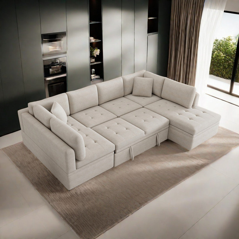 Canapé modulaire 4 pièces rembourré, Chenille beige