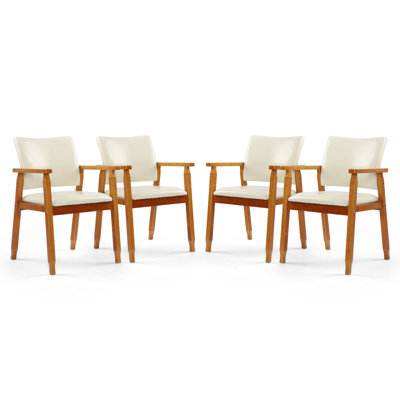 Modern Pu Leather Upholstered Wood Arm Chair With Solid Wood Armrest And Legs, Set Of 4