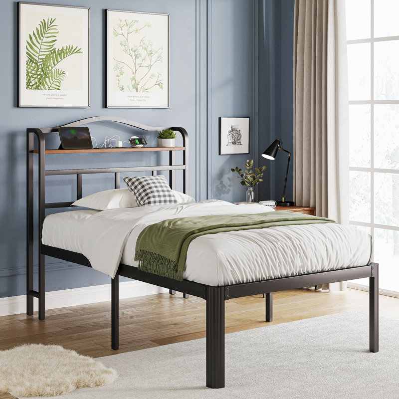 Abdalmalak 18" High Platform Bed Frame with USB & Type C Charging Station, No Box Spring, No Squeak, Twin
