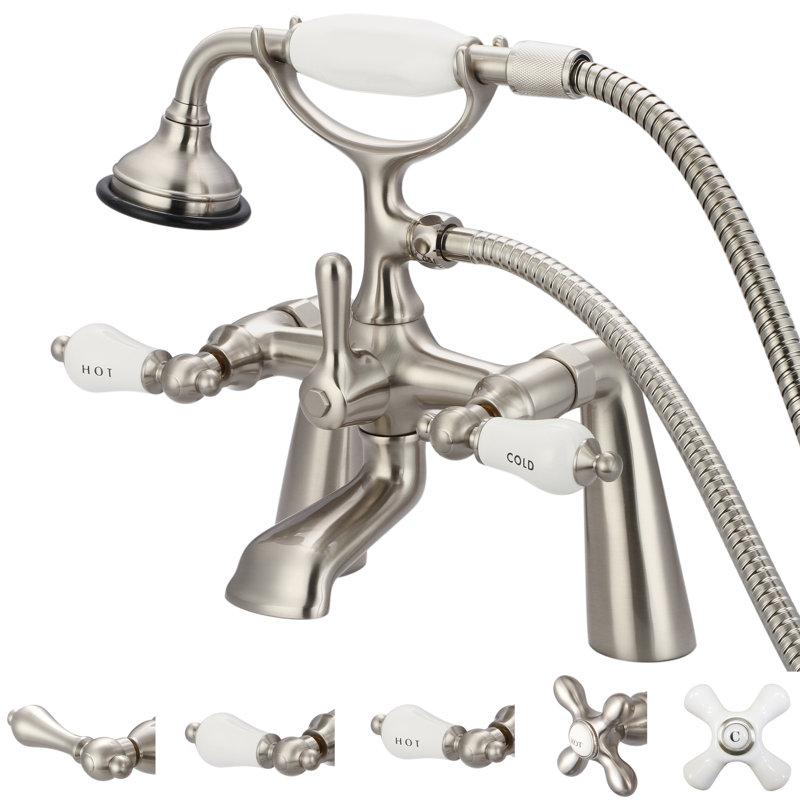 Stonington 3 Handle Deck Clawfoot Tub Faucet, Hot and Cold Labeled Porcelain Lever Handles, Brushed Nickel
