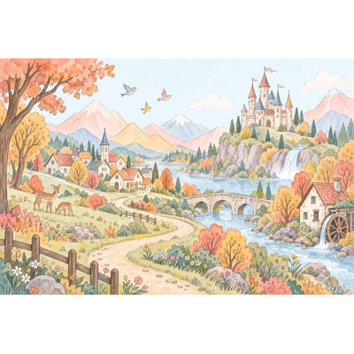 Papier peint aquarelle, château, paysage, pastel, livre de contes