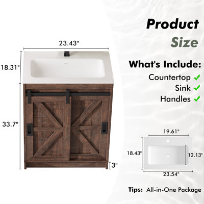 Chimira 24" Farmhouse Single Sink Bathroom Vanity With Sliding Barn Door,Brown