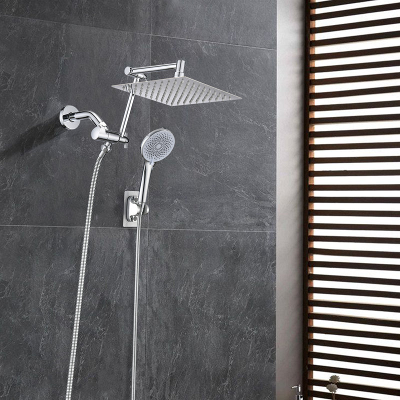 Système de douche réglable 12 po avec pomme de douche à effet pluie 8 po et douchette à 4 fonctions en acier inoxydable 304 avec inverseur à 3 voies en laiton