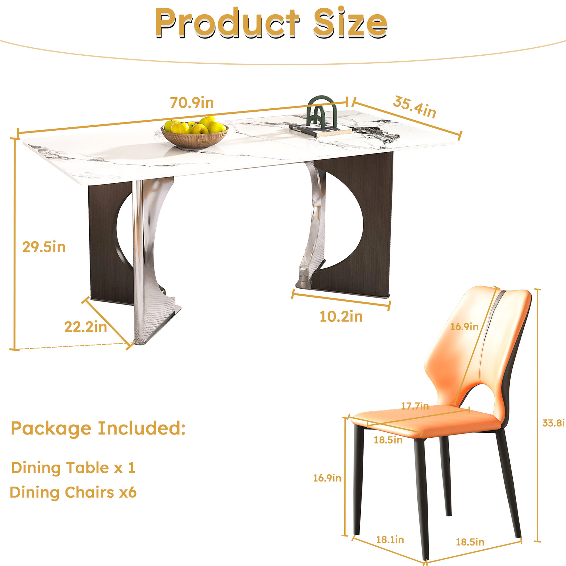 Orren Ellis 71" Modern Dining Table With Gold Marble Surface, Stainless ...