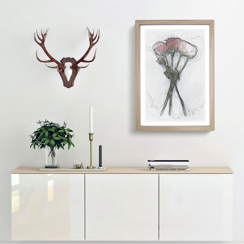 Bunch of Red Roses in Abstract - Picture Frame Graphic Art Print, 87cm H x 62cm W x 2cm D, Oak Framed