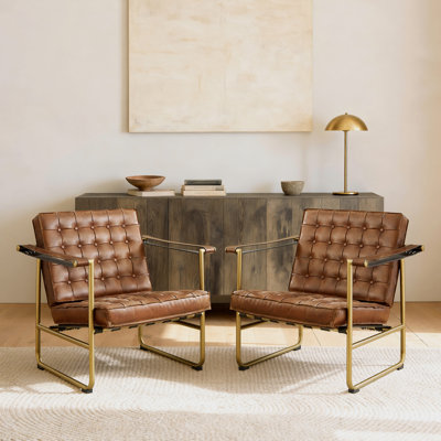 Hunter 32.28'' W Button Tufted Genuine Leather Upholstered Accent Lounge Armchair (Set of 2)