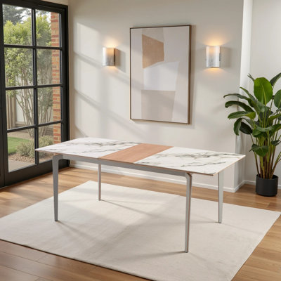 Arguello Contemporary Extendable Rectangular Dining Table With Sintered Stone And Wood Table Top - Seats Up To 6