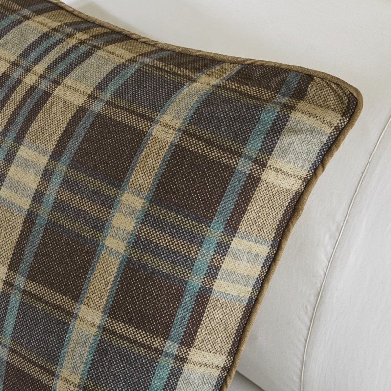 Queen Brown Microfiber Down Alternative Comforter Set with Plaid Design