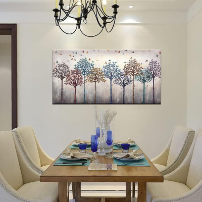 Large Abstract Tree And Birds Canvas Wall Art Flying Birds Over Colourful Forest Picture Print On Canvas Stretched And Framed For Living Room Bedroom Office Decor 24X48inch