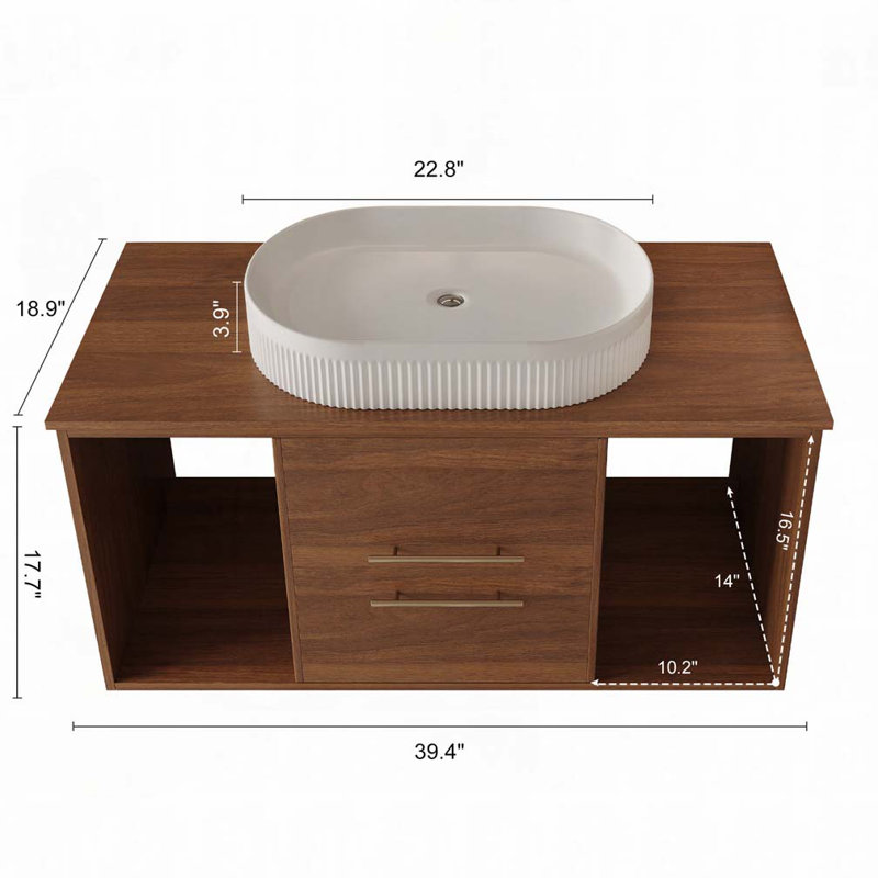 Meuble-lavabo mural 39,4 po avec céramique ovale, Bois / blanc, 39"