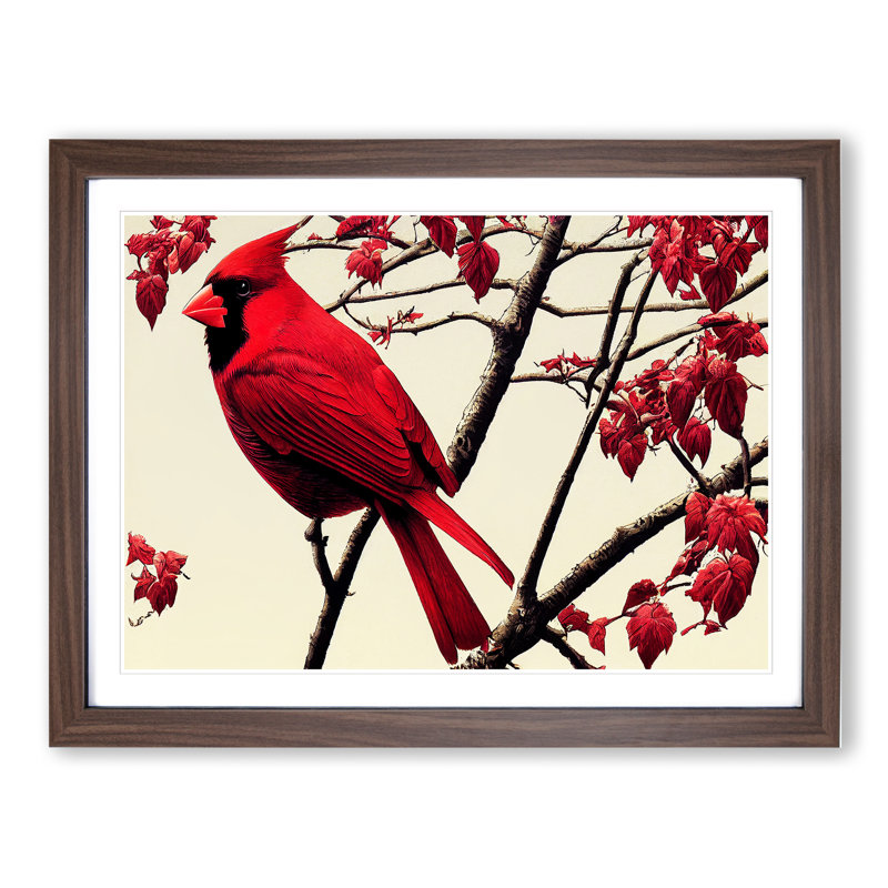 Cardinal Bird Vol.6 - Single Picture Frame Painting, 34cm H x 46cm W x 2cm D, Walnut Framed