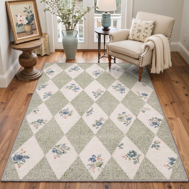 Tapis ivoire / vert à carreaux lavable à la machine avec envers antidérapant, Rectangle 6' x 9'