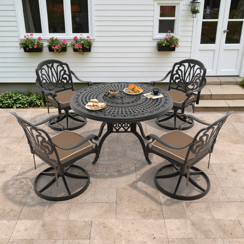 Ensemble de salle à manger d'extérieur 5 pièces en fonte d'aluminium avec chaises pivotantes, coussins et trou pour parasol