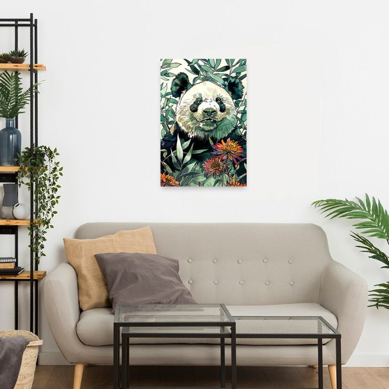 «Vibrant panda Parmi les fleurs», art contemporain abstrait, forêt de panda, H 24 po x l 16 po