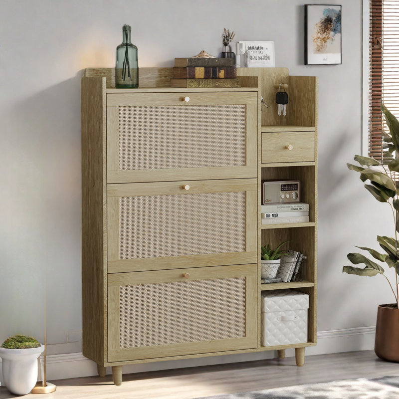 Bohemia Style Shoe Cabinet With 3 Rattan Flip Drawers, 3 Square Shelves And 1 Storage Drawer And Key Hooks, Natural Wood