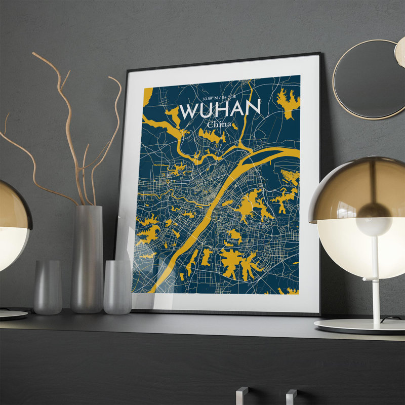 Carte de la ville de Whan, impression, Bleu / jaune, H 24 po x l 18 po