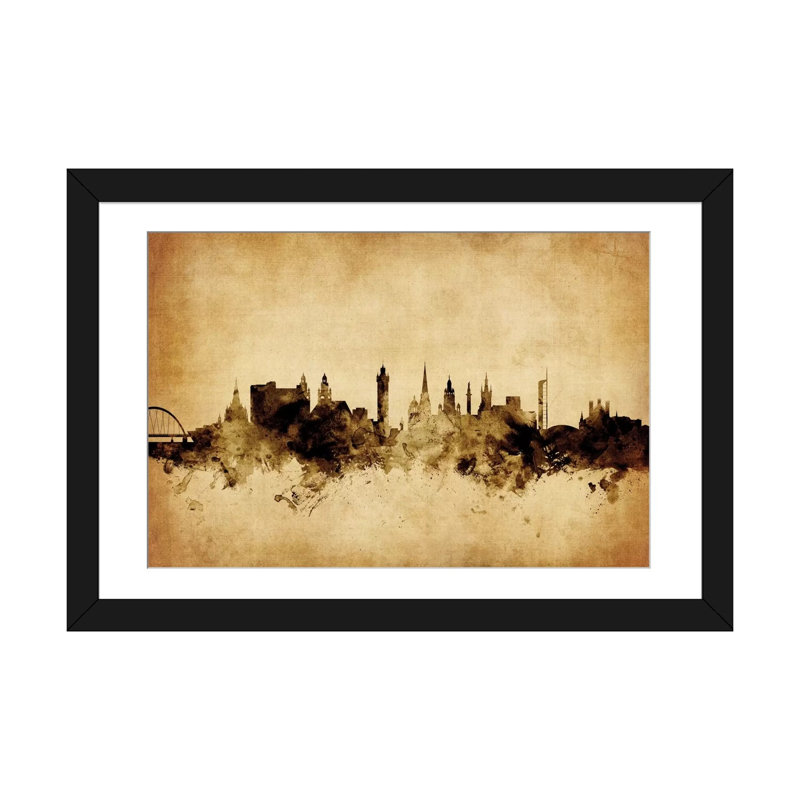 Foxed (Retro) Skyline Series: Glasgow, Écosse, Royaume-Uni, impression sur toile tendue, H 24 po x l 32 po x P 1 po, Blanc
