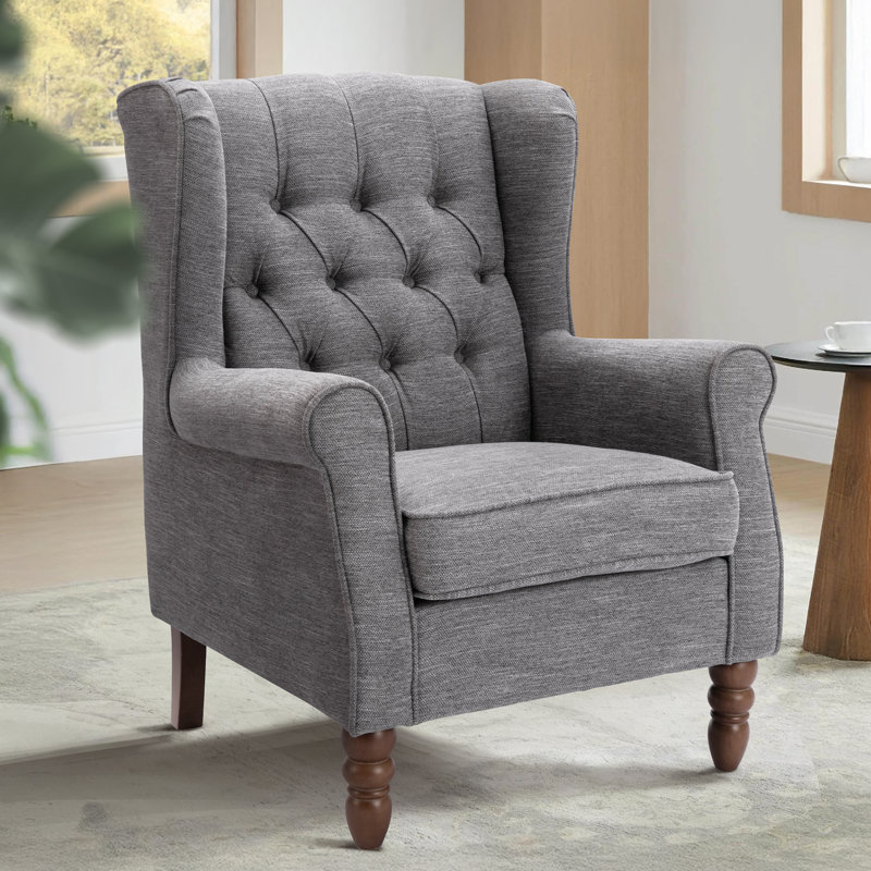 Petit fauteuil d'appoint à oreilles capitonné avec accoudoirs roulés et coussin rembourré épais, Performance grise