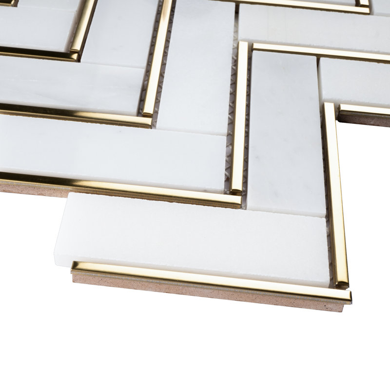 Natural Bianco 1" x 3" Marble Chevron Mosaic Wall Tile, White/Gold
