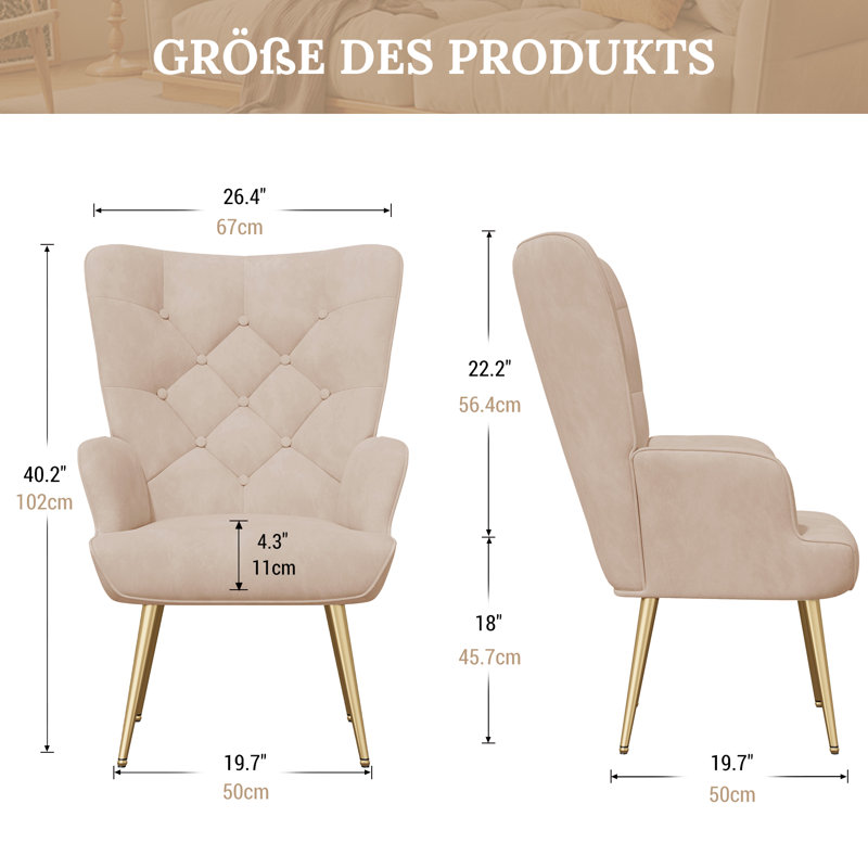 Bastoam Velvet Wingback Chair, Khaki