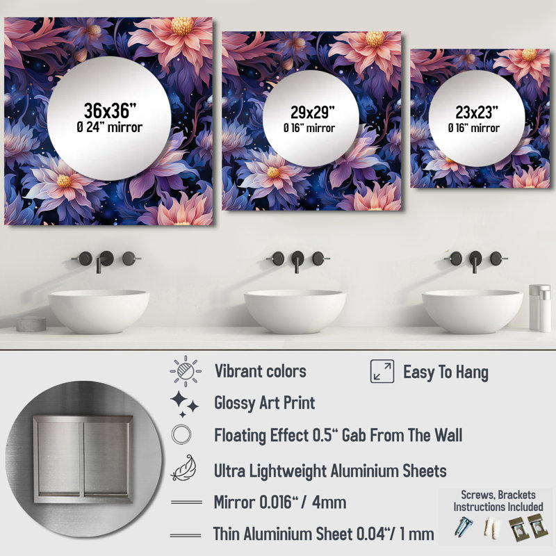Motif floral de rêves célestes mauves - miroir carré floral pour décoration murale, 29 po x 29 po