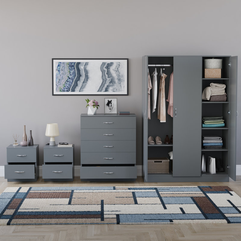 Tayce 4 Piece Bedroom Set (2 Drawer Bedside Chest X2, 5 Drawer Chest, 3 Door Wardrobe), Grey