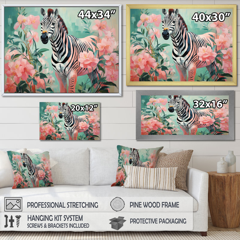 Rose et vert floral zèbre III - Art mural animal zèbre, Toile tendue, H 16 po x l 32 po x P 1 po