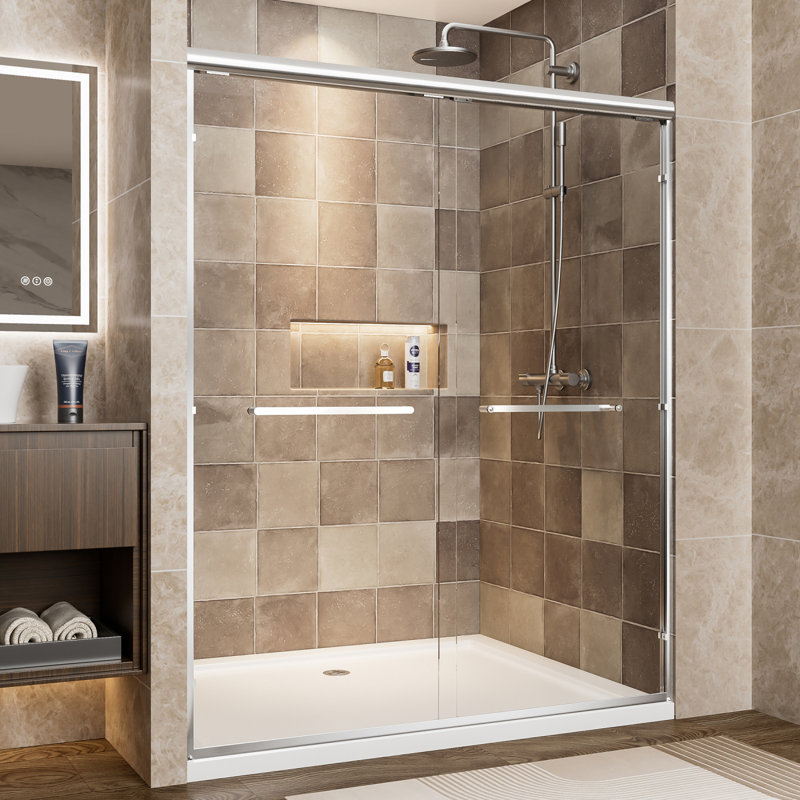 56"-60" W X 72" H Chrome Aluminum Frame Double Sliding Shower Door, 1/4" (6Mm) Clear Tempered Glass With Explosion-Proof Film,  Dual Stainless Steel Handles