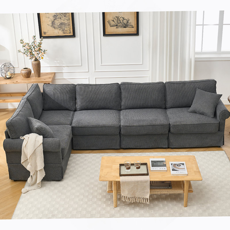 Ensemble de canapé modulaire polyvalent avec revêtement en lin doux et accoudoirs roulés, Gris foncé