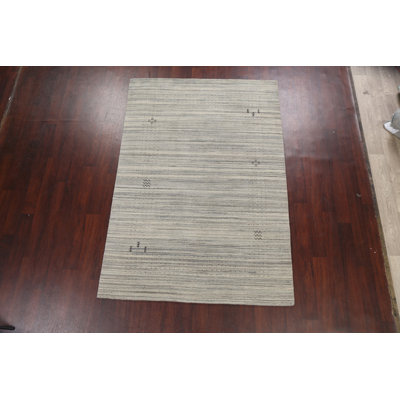 Tapis beige en laine noué à la main de conception unique 5 pi 3 po x 7 pi 8 po New Age