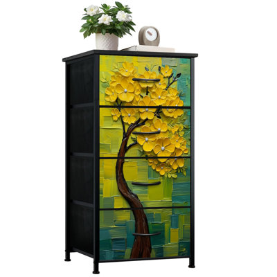 Commode pour chambre à coucher avec 4 tiroirs de rangement Peint à la main Abstrait moderne texturé en 3D or Floral peint à l'huile Commode Commode en acier avec cadre en tissu pour vestibule