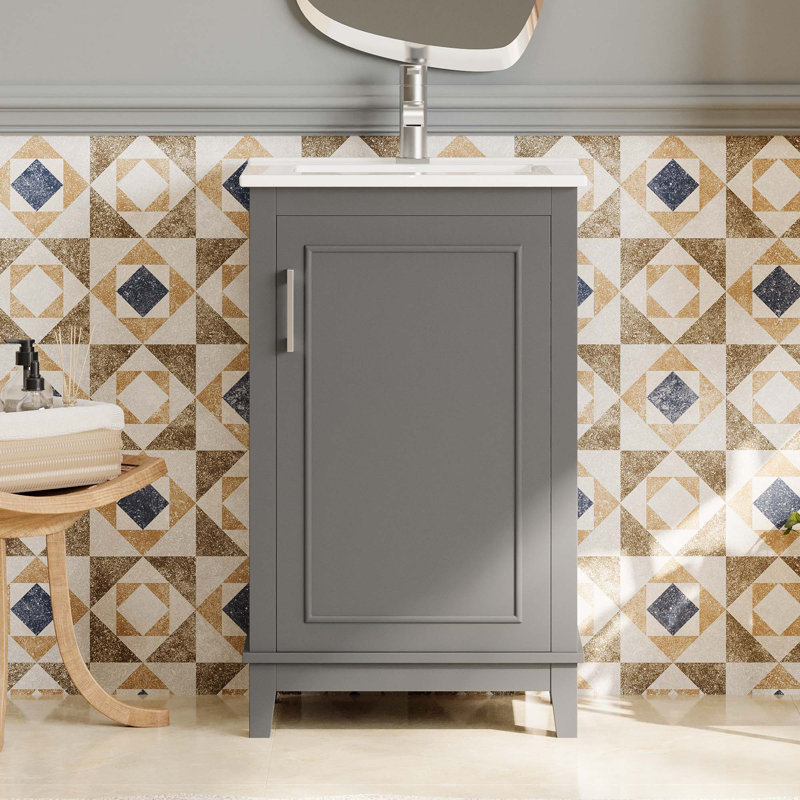 Modern Small Bathroom Vanity Cabinet With Basin, Ample Storage & 1 Soft-Close Door, Grey