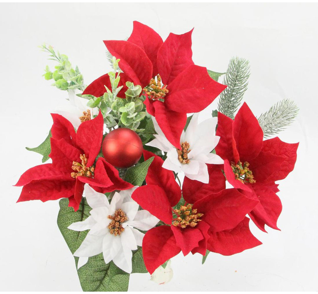 12 Stems Artificial Poinsettia Bouquet Fake Christmas Flowers, Faux Velvet Poinsettia Holiday Bush Primrue Flower 