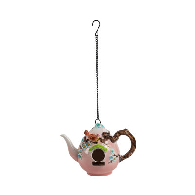 20" Long Hanging Porcelain Teapot Birdhouse with Sparrow "Spencer"